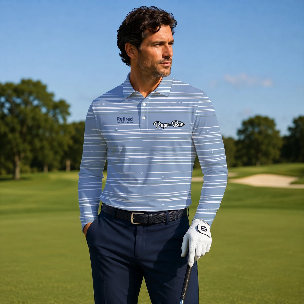 Personalised Powder Blue White Abstract Stripe Golf Polo Shirt For Men F9706