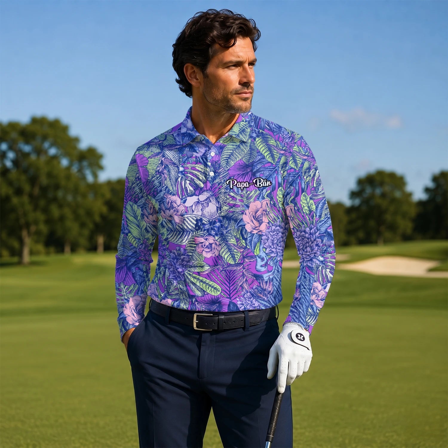 Personalised Purple Blue Tropical Floral Leaf Golf Polo Shirt For Men B8037