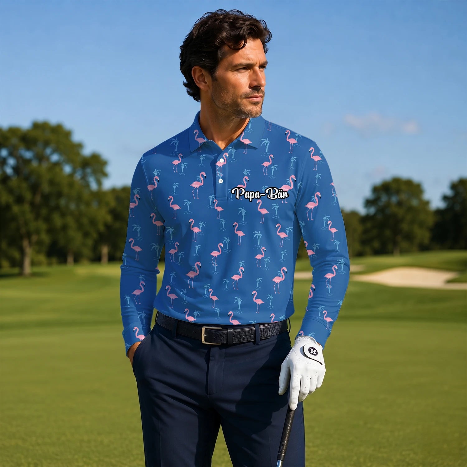 Personalised Blue Pink Flamingo Palm Golf Polo Shirt For Men C8068