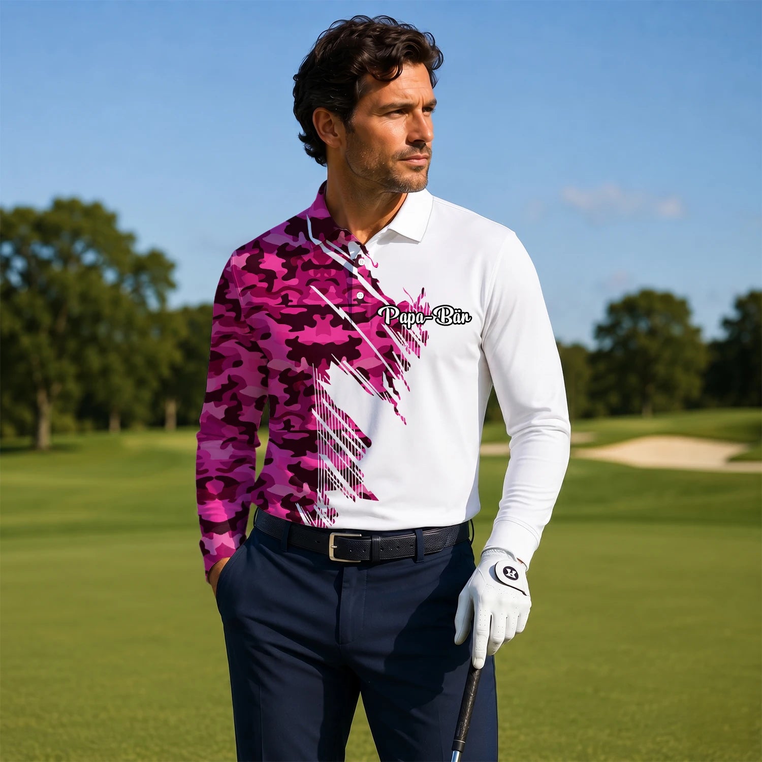 Personalised White Pink Camo Brush Stroke Golf Polo Shirt For Men S6501