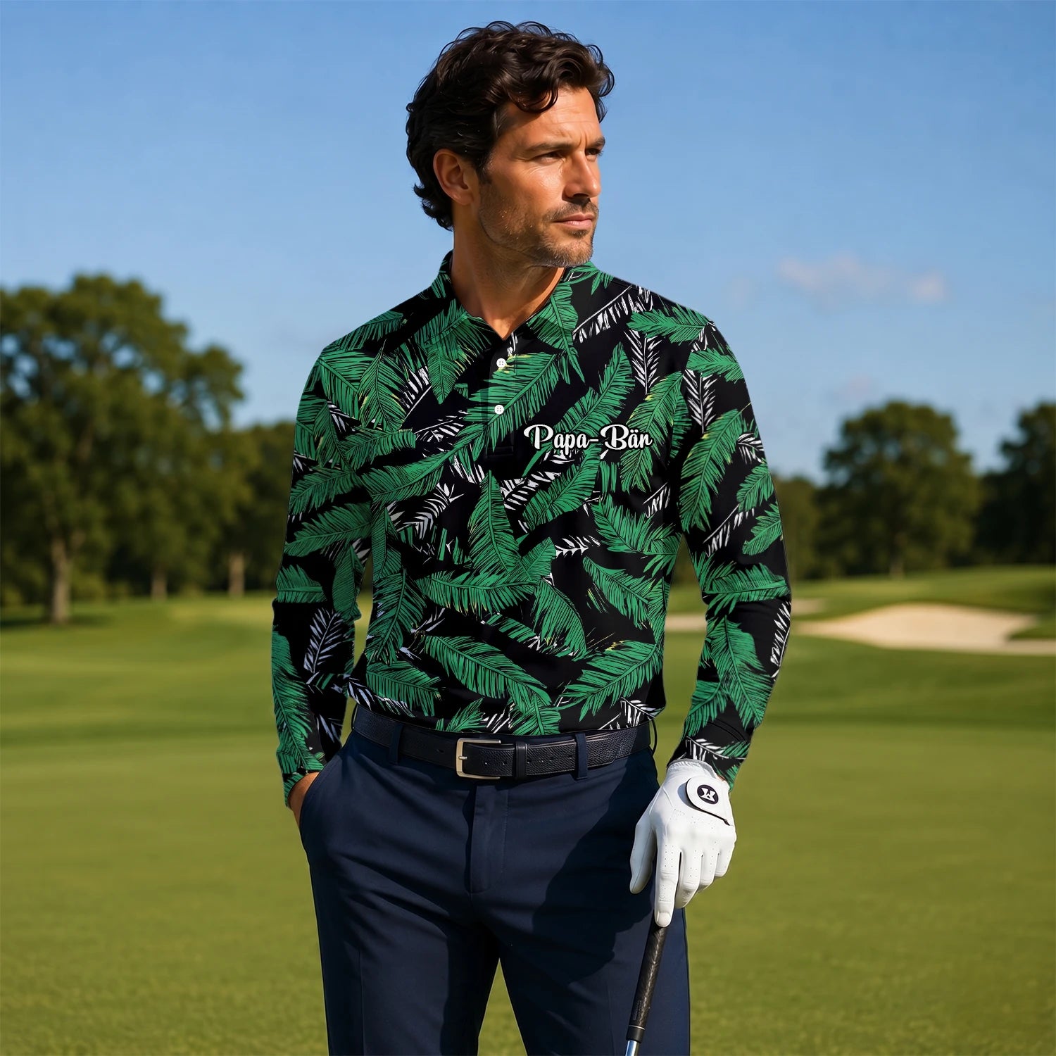 Personalised Black Green Tropical Banana Leaf Golf Polo Shirt For Men K8023