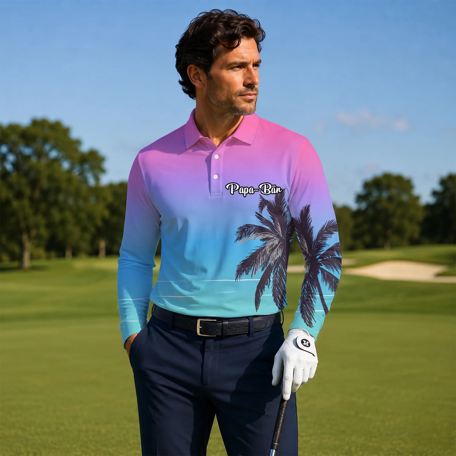 Personalised Pink Blue Palm Beach Sunset Golf Polo Shirt For Men Q3519