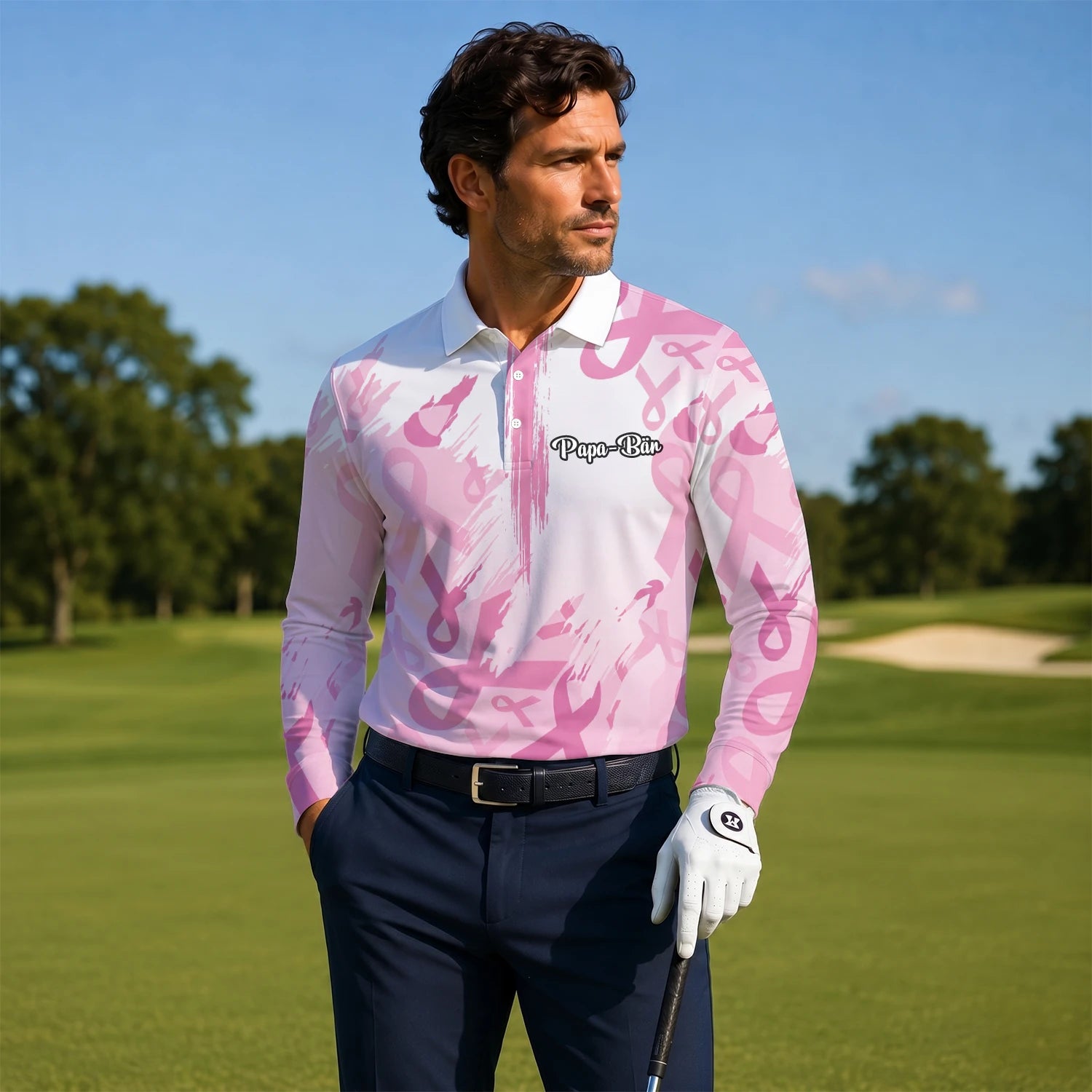 Personalised White Pink Breast Cancer Awareness Ribbon Brush Stroke Golf Polo Shirt For Men U4702