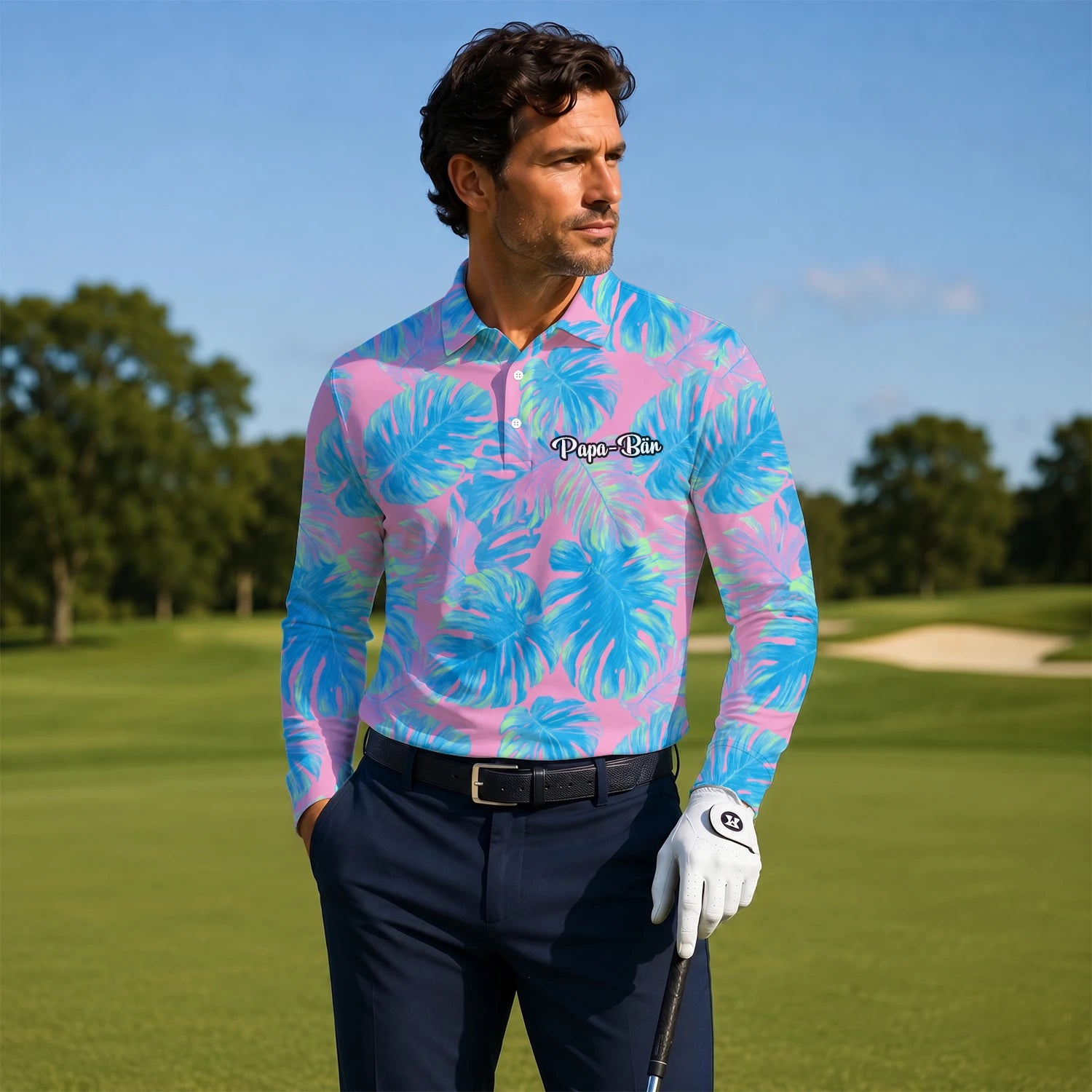 Personalised Pink Turquoise Tropical Monstera Leaf Golf Polo Shirt For Men C8385