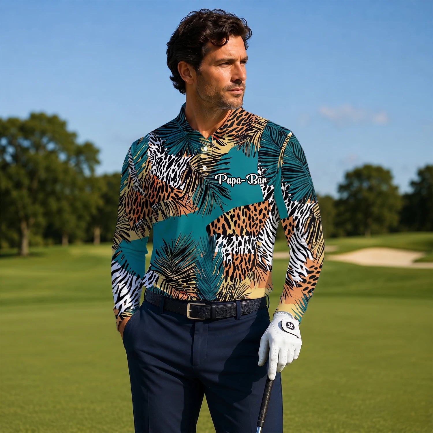 Personalised Teal Orange Tropical Palm Animal Print Golf Polo Shirt For Men A7122
