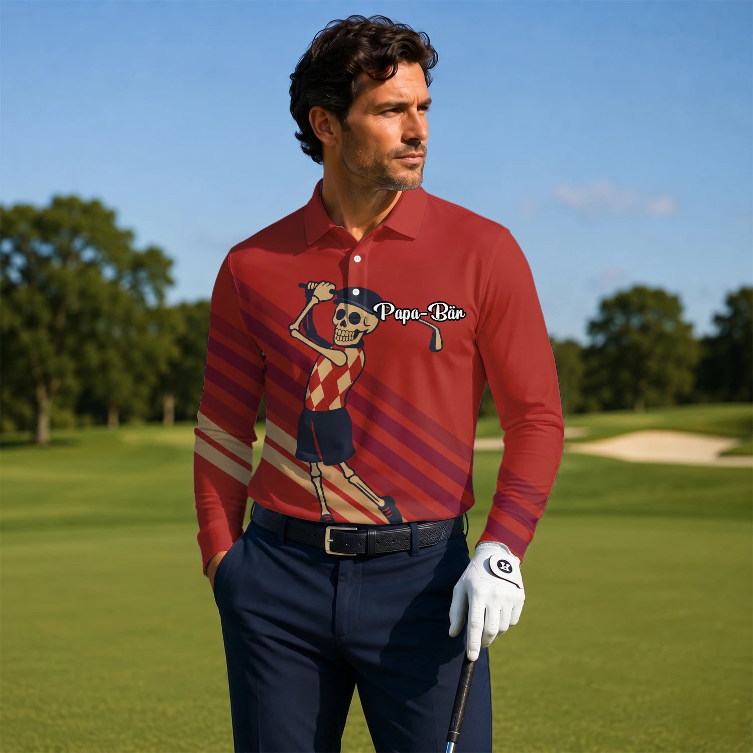 Personalised Red Skeleton Golfer Cartoon Golf Polo Shirt For Men F3648