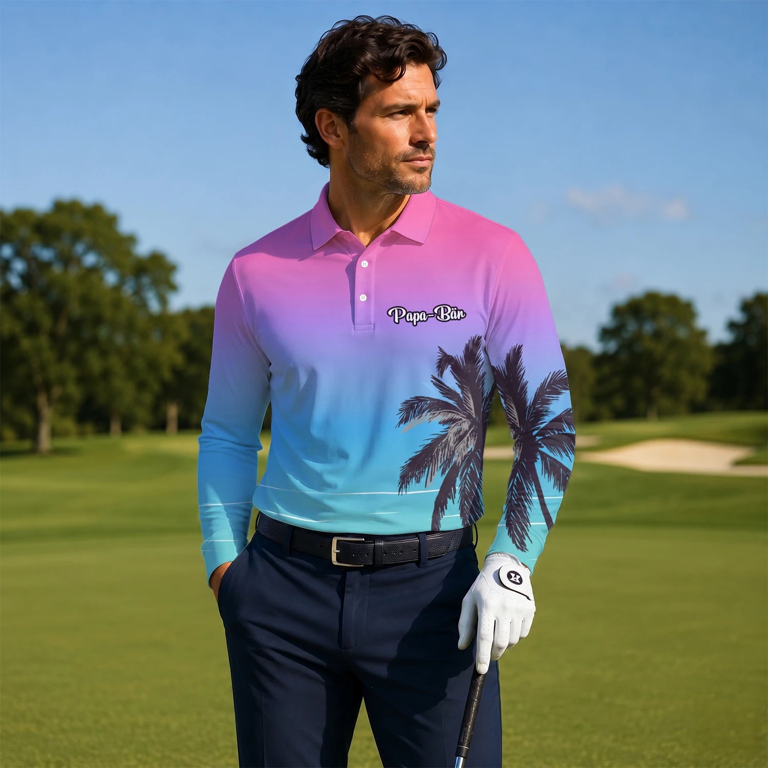 Personalised Pink Blue Palm Beach Sunset Golf Polo Shirt For Men Q3519