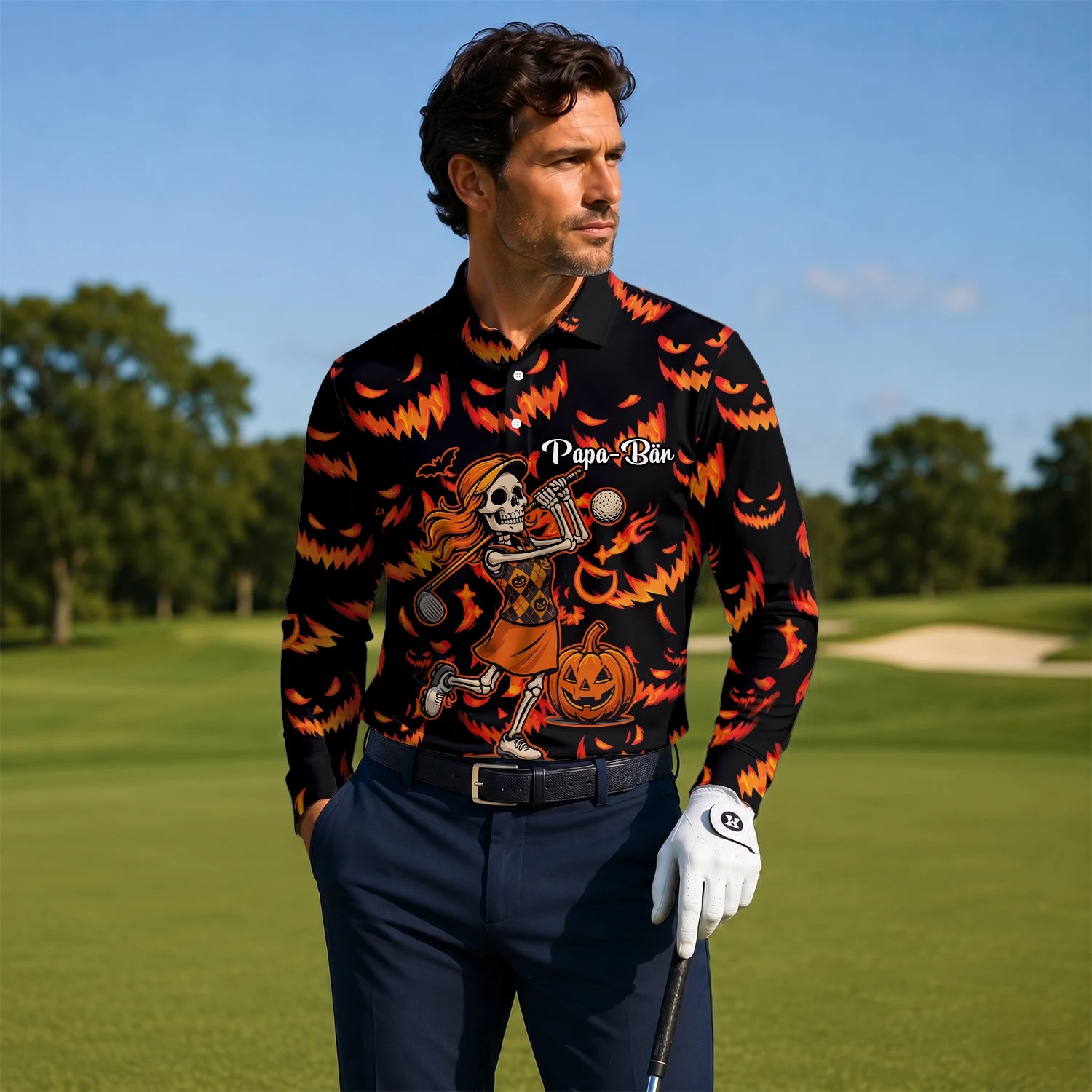 Personalised Black Orange Halloween Skeleton Golfer Pumpkin Golf Polo Shirt For Men N7108