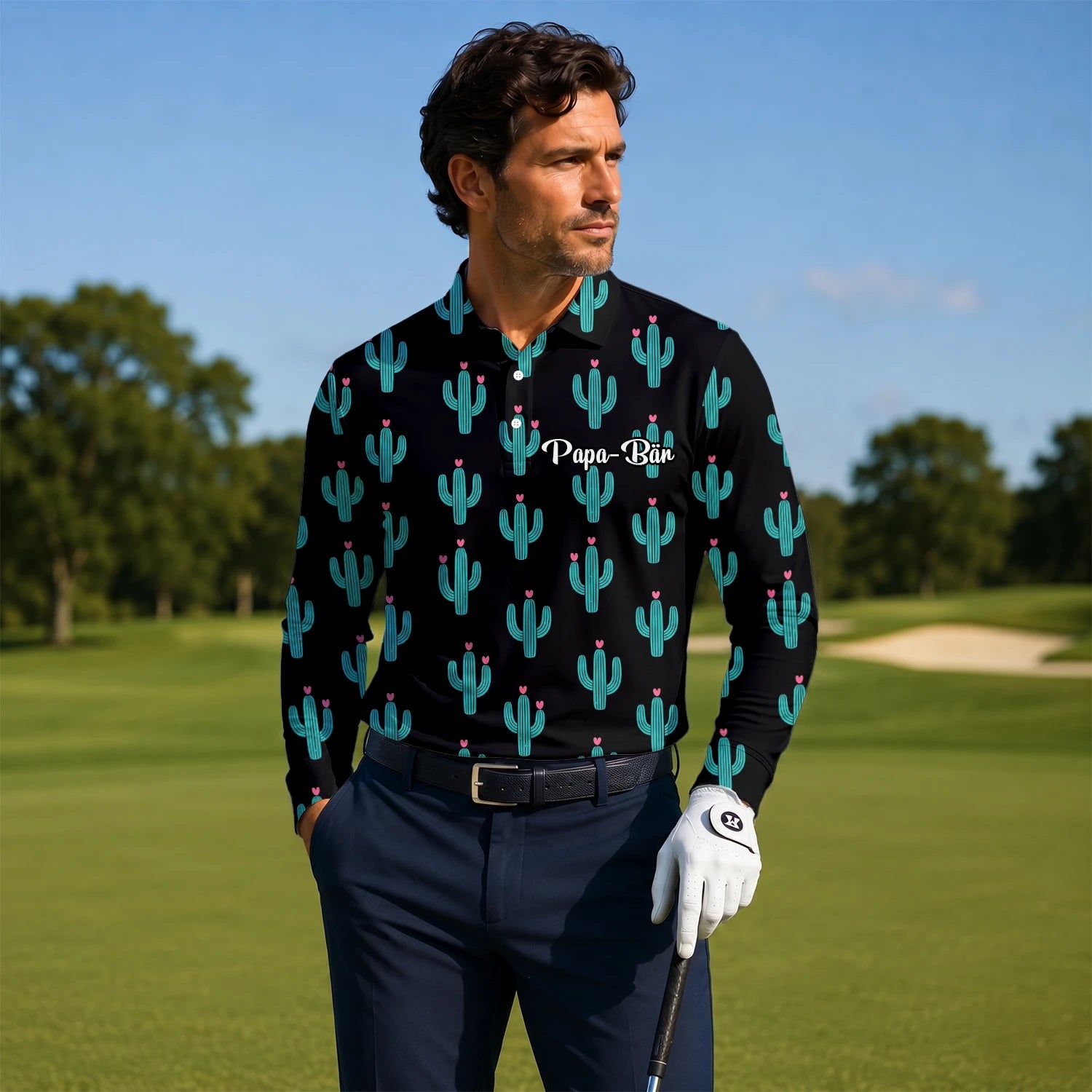 Personalised Black Turquoise Cactus Heart Golf Polo Shirt For Men L0709