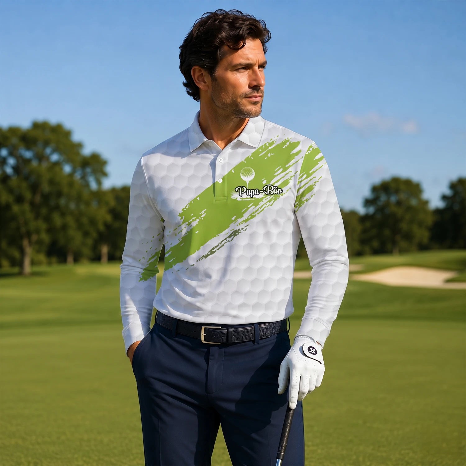 Personalised White Lime Golf Ball Texture Brush Stroke Golf Polo Shirt For Men M6914