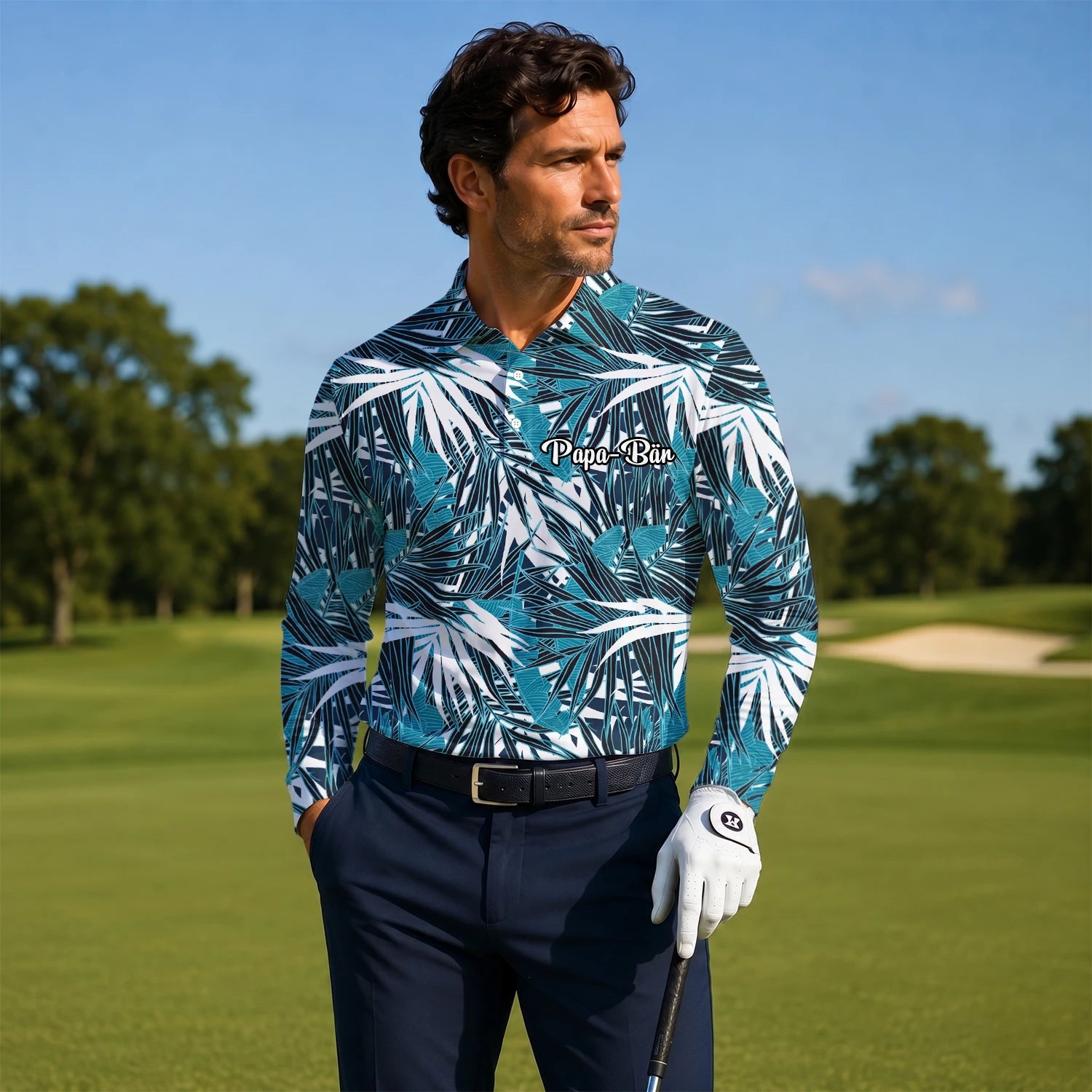 Personalised Teal Black White Palm Leaf Golf Polo Shirt For Men S8543