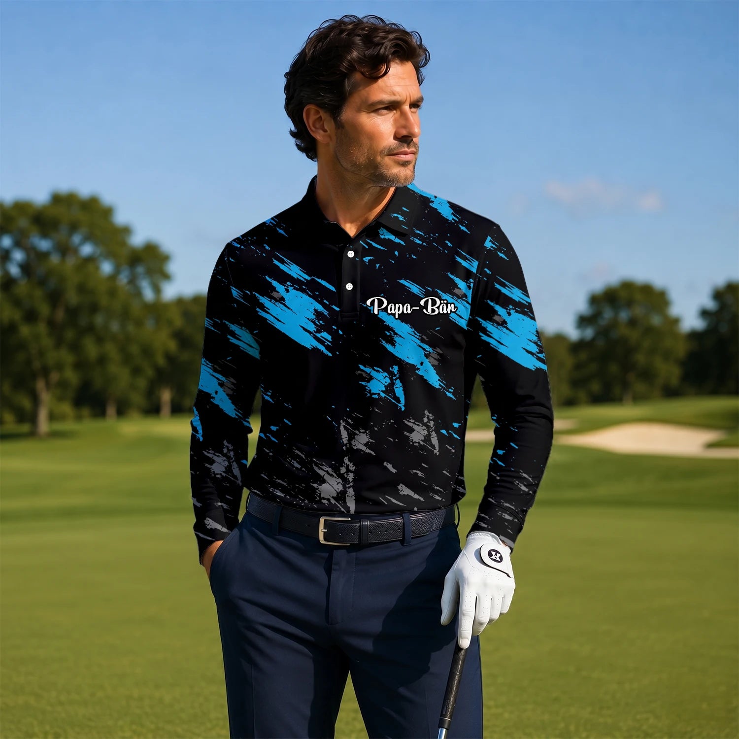 Personalised Black Blue Brush Stroke Golf Polo Shirt For Men H3779
