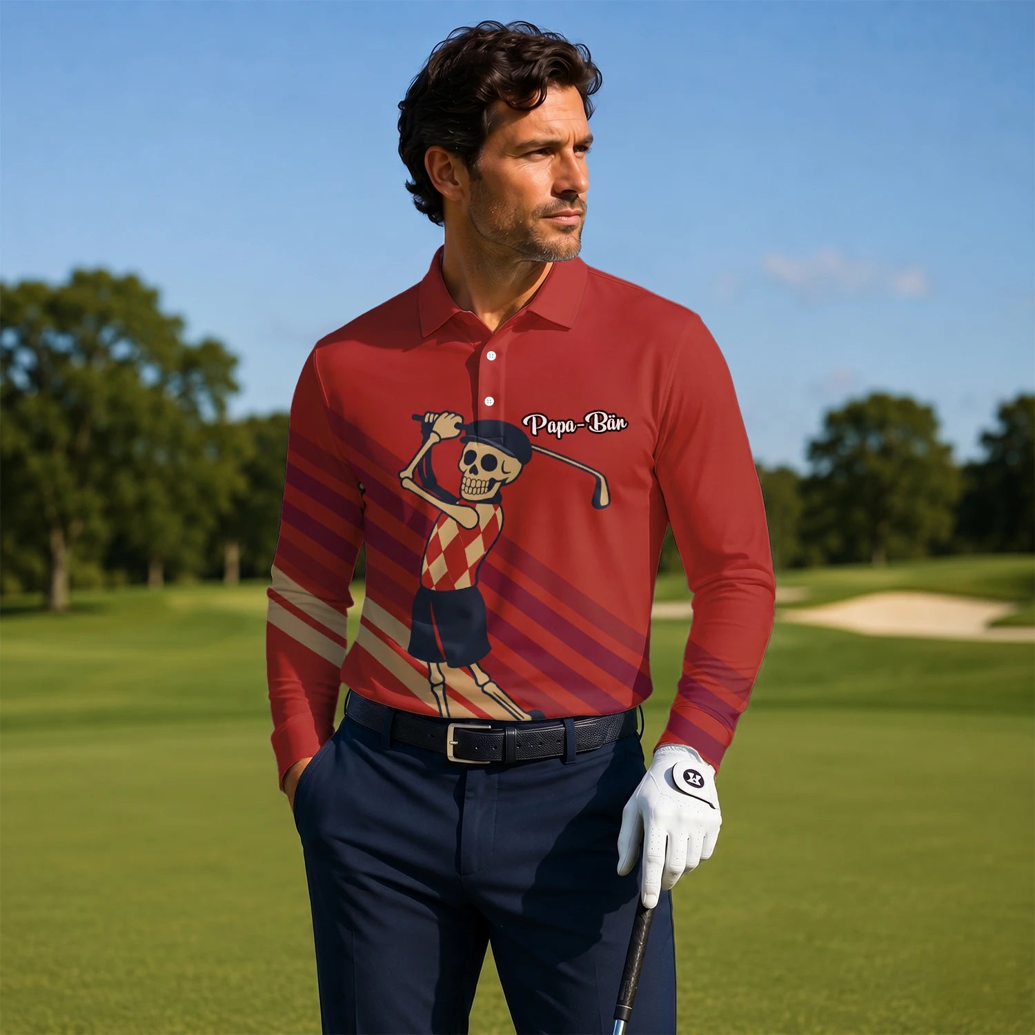 Personalised Red Skeleton Golfer Cartoon Golf Polo Shirt For Men F3648