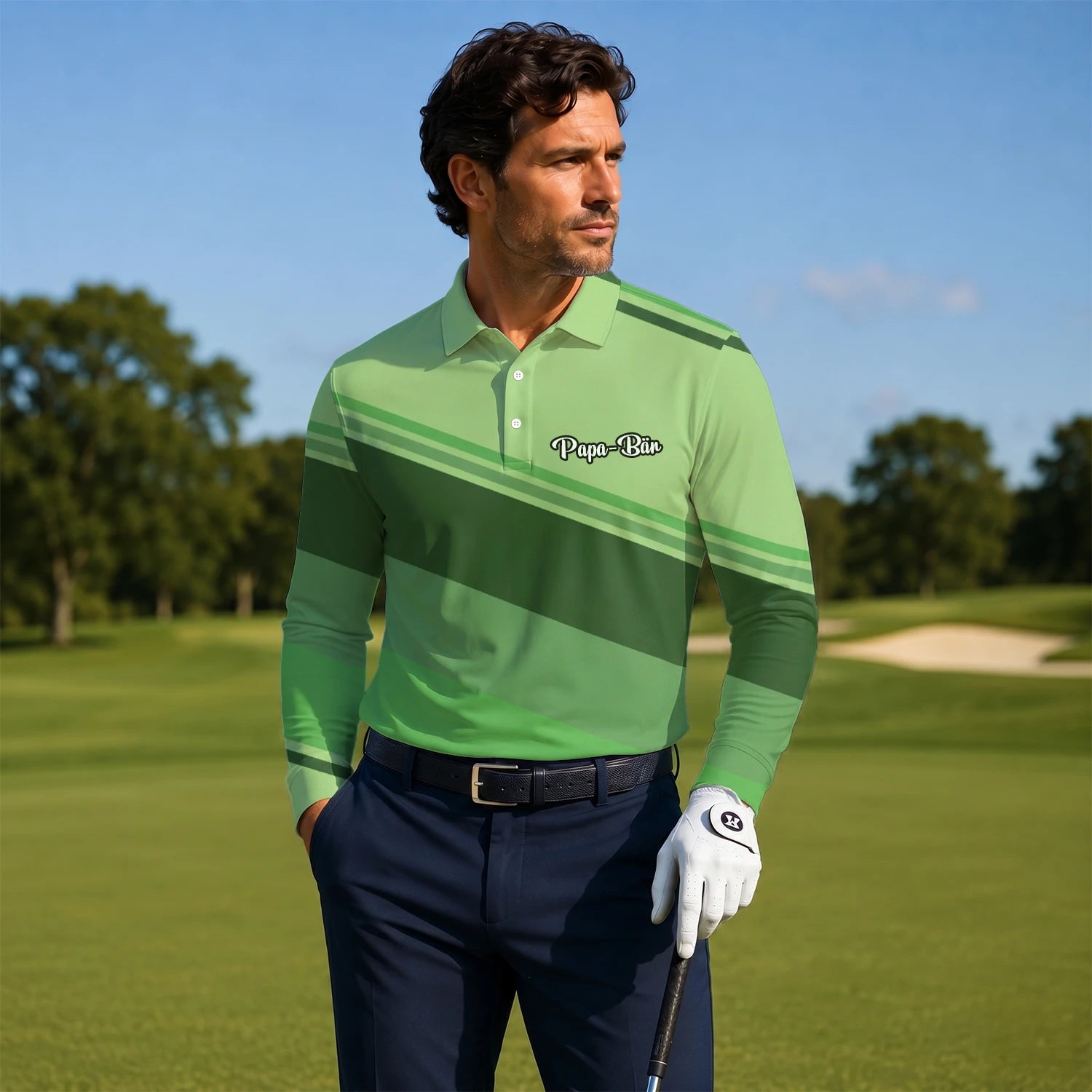 Personalised Light Green Geometric Stripe Golf Polo Shirt For Men S1599