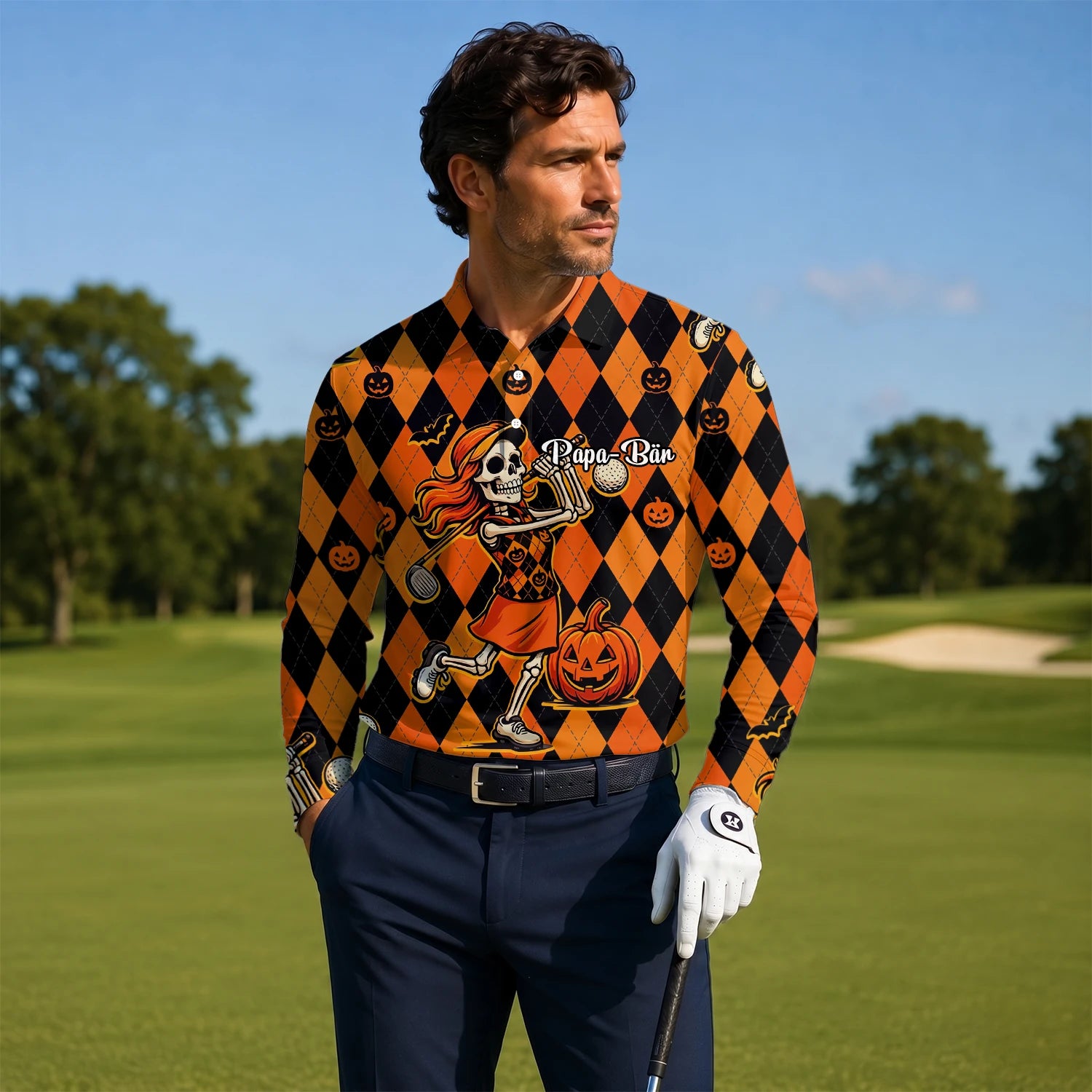 Personalised Orange Black Halloween Skeleton Golfer Pumpkin Argyle Golf Polo Shirt For Men Z9562