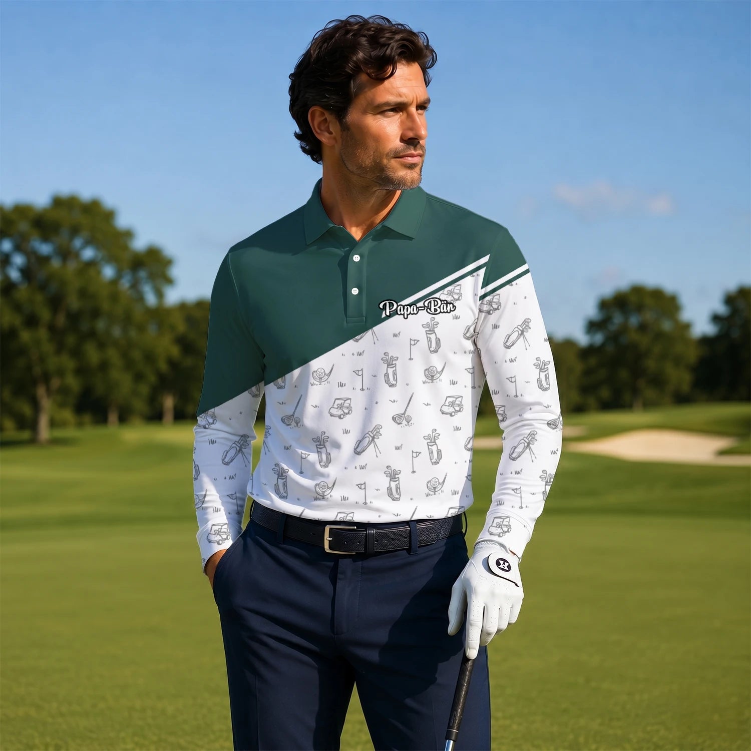 Personalised Green White Golf Club Sketch Golf Polo Shirt For Men L9936