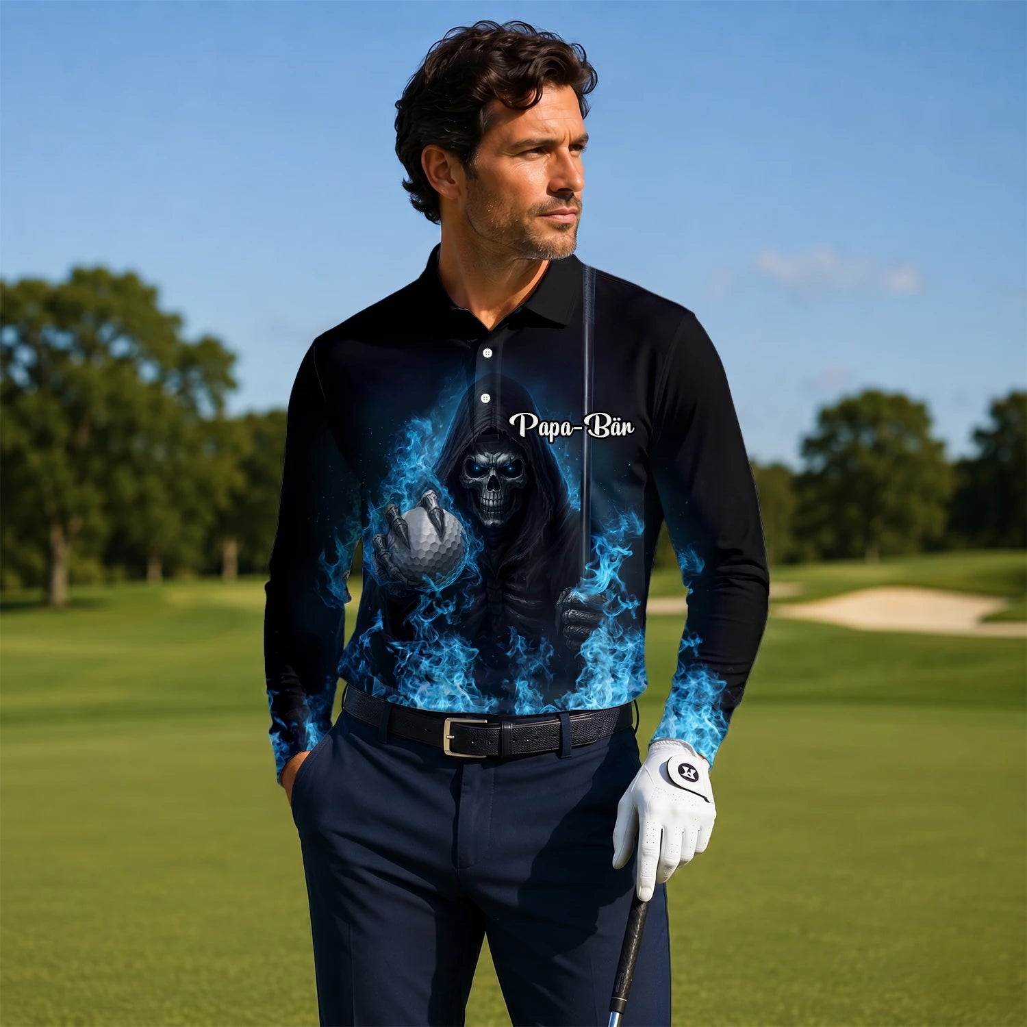 Personalised Black Blue Skull Golf Ball Lightning Golf Polo Shirt For Men N0793