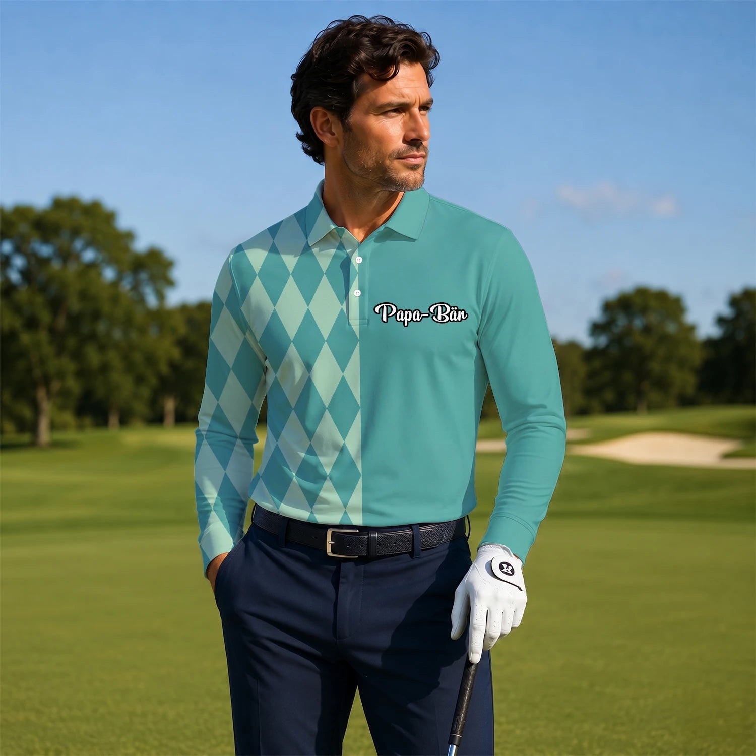 Personalised Teal Mint Argyle Golf Polo Shirt For Men A8483