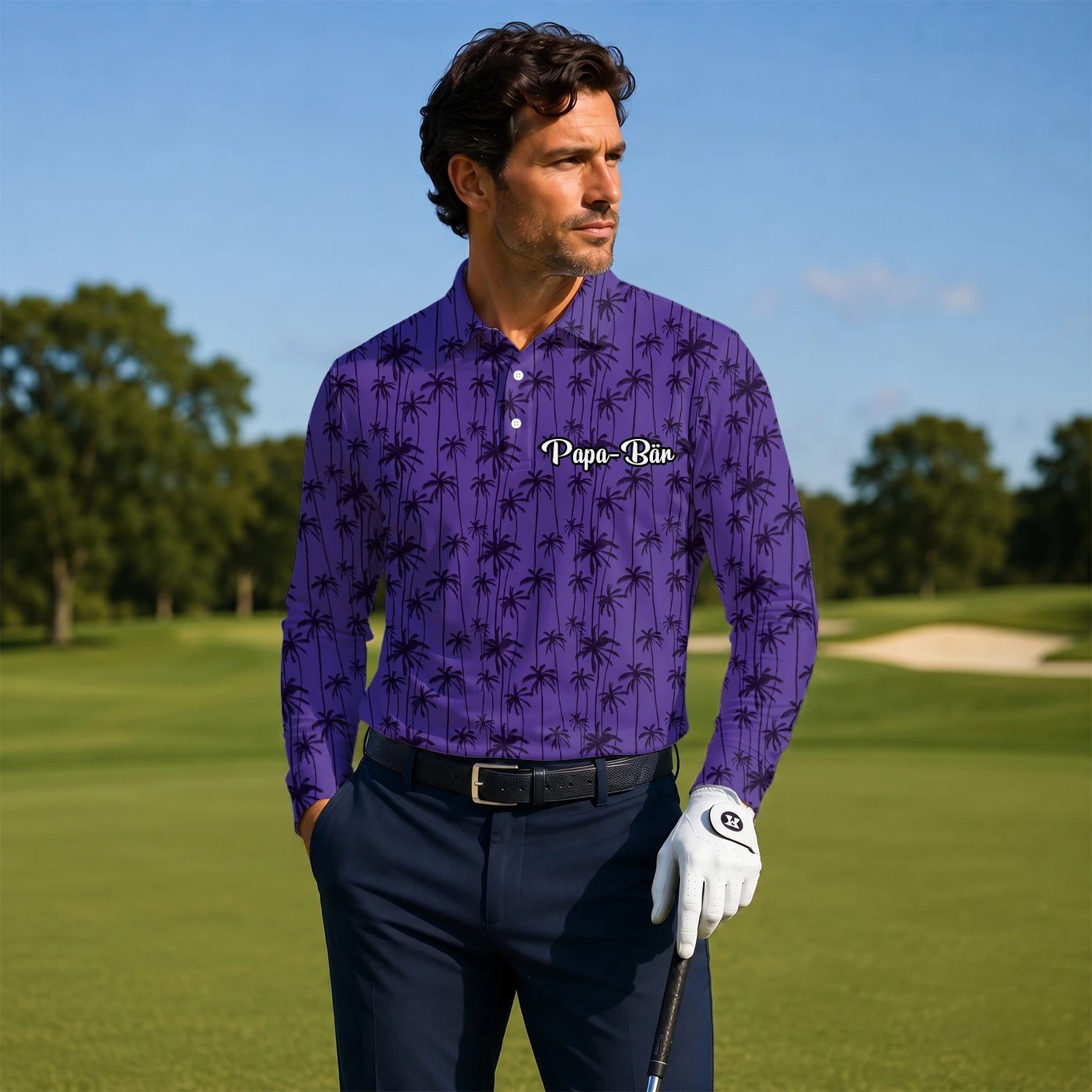 Personalised Purple Palm Tree Silhouette Golf Polo Shirt For Men P3247