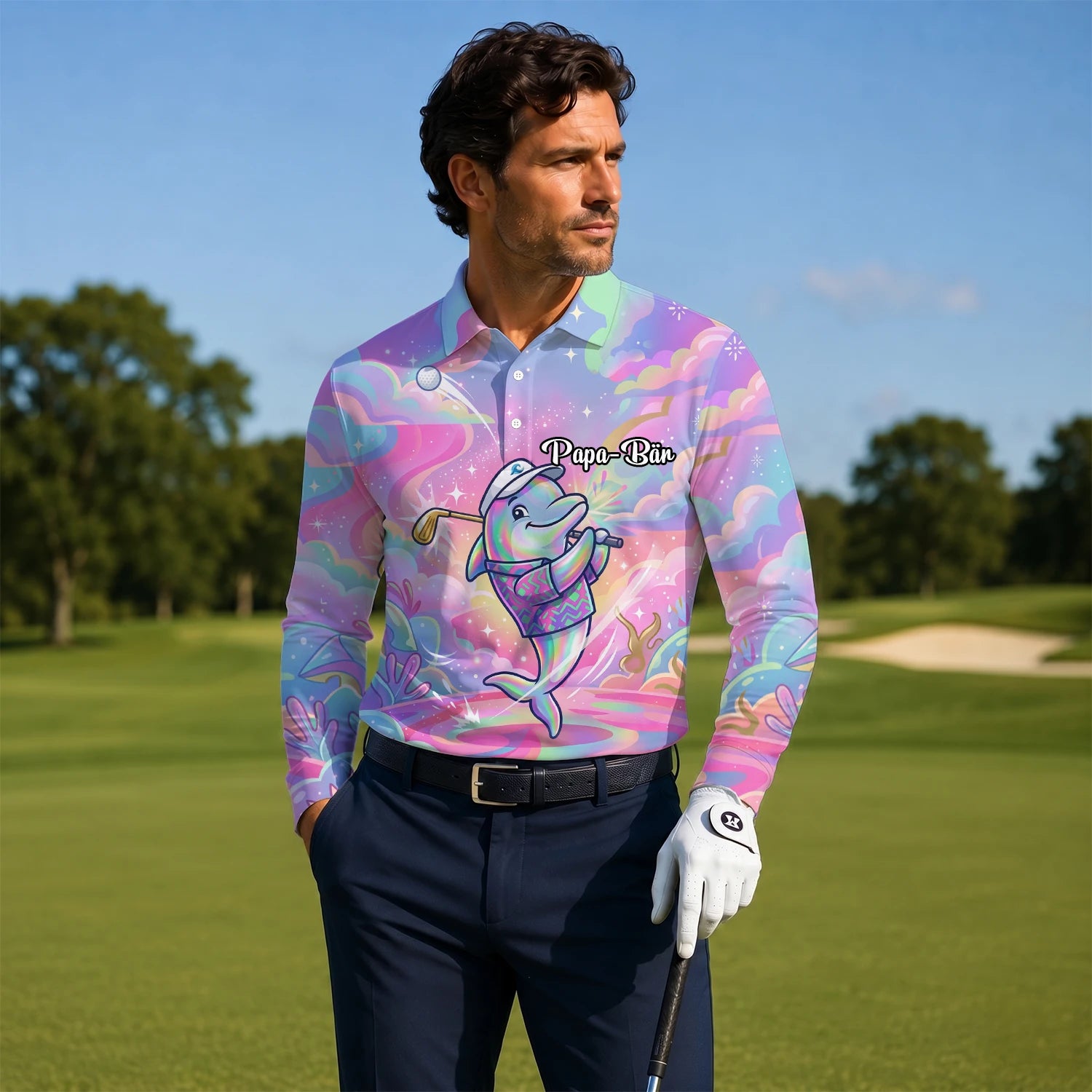 Personalised Pastel Rainbow Dolphin Golfer Cartoon Golf Polo Shirt For Men L3862