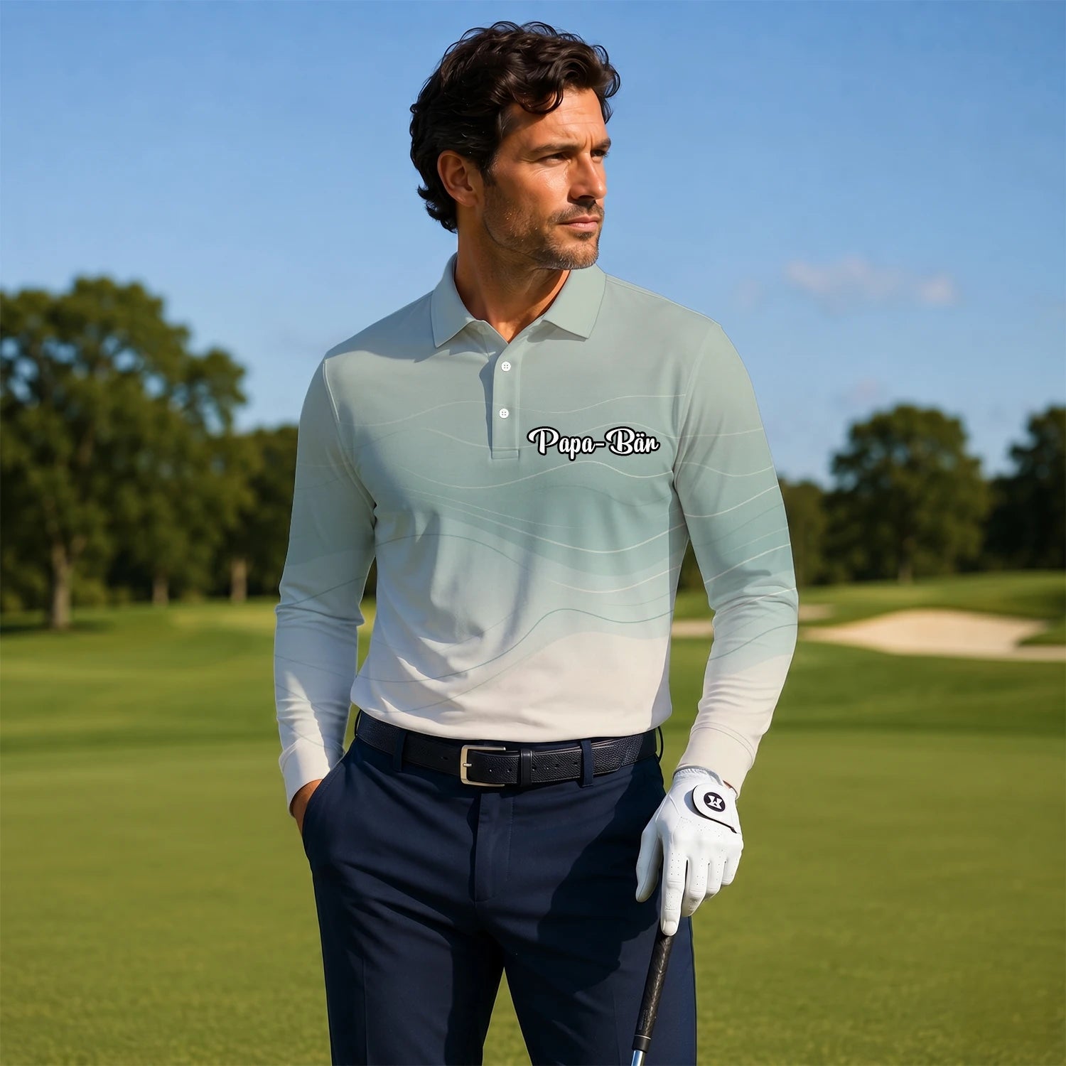 Personalised Sage Green Beige Abstract Wave Golf Polo Shirt For Men X8036