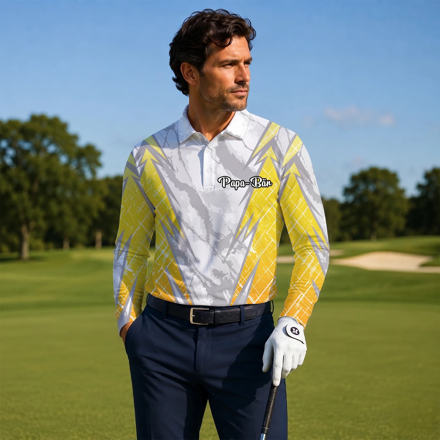 Personalised White Grey Yellow Marble Stripe Golf Polo Shirt For Men T6326