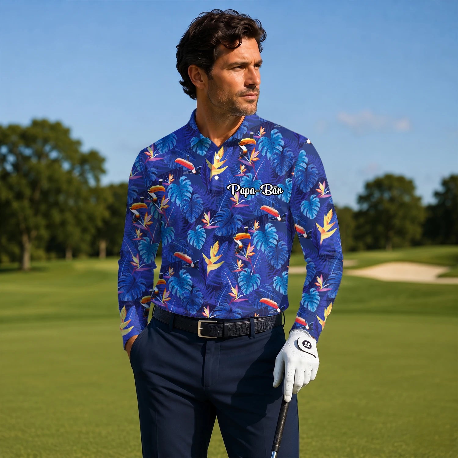 Personalised Navy Blue Tropical Toucan Leaf Golf Polo Shirt For Men S1836