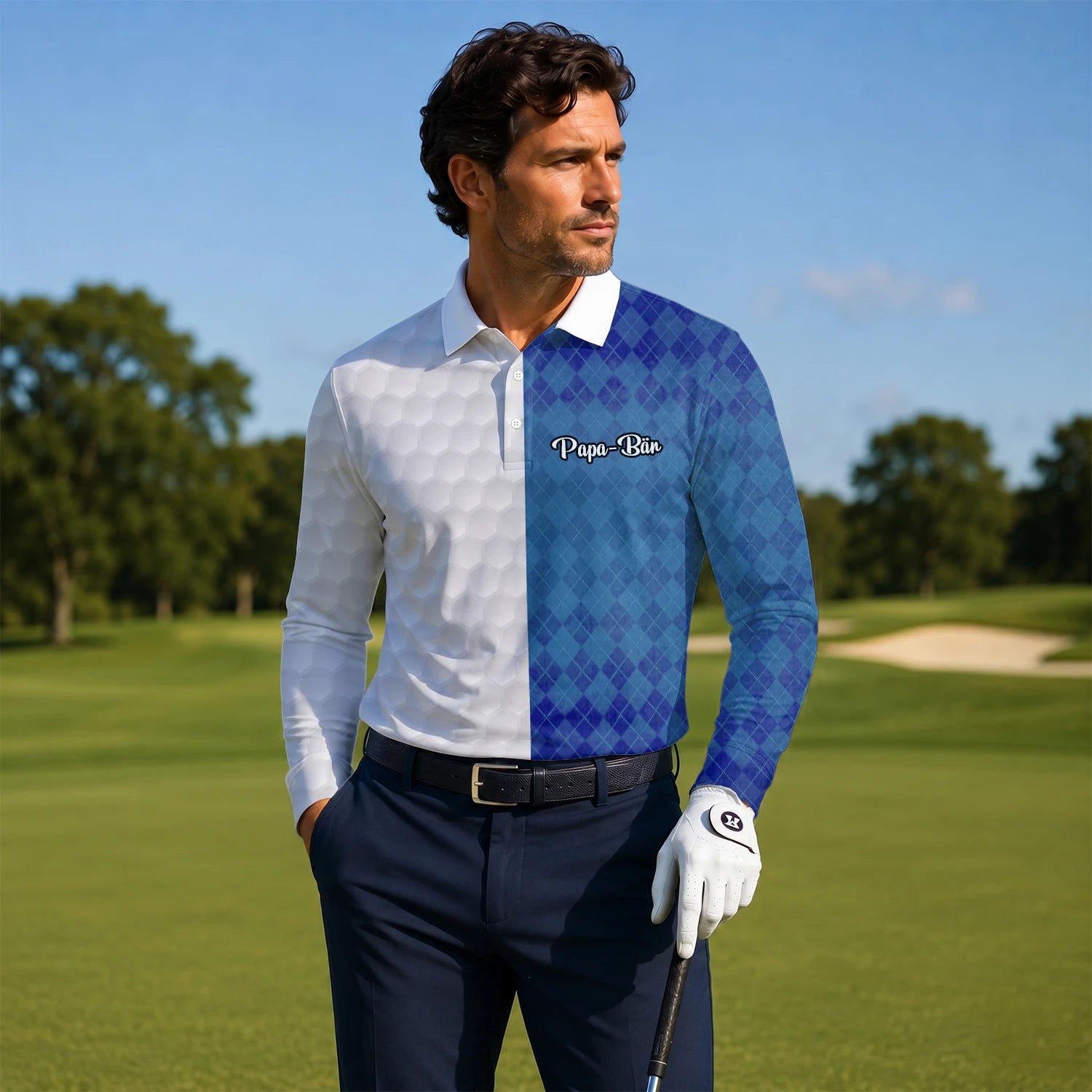 Personalised White Blue Argyle Golf Ball Texture Golf Polo Shirt For Men M9214