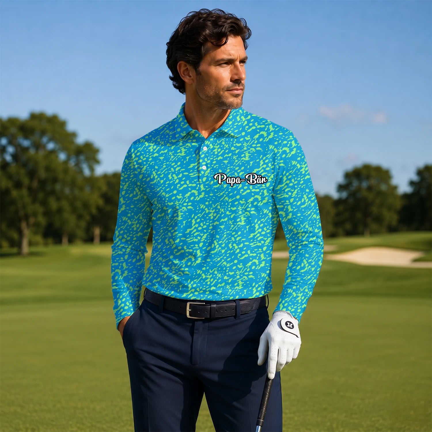 Personalised Turquoise Lime Paint Splatter Golf Polo Shirt For Men G8287