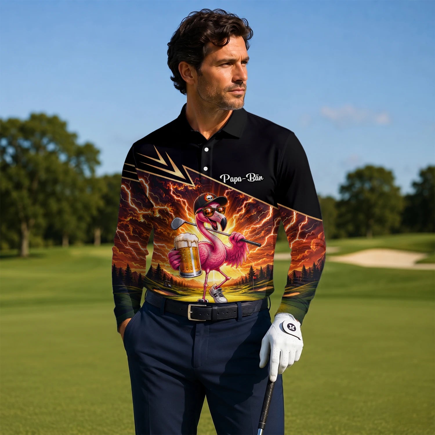 Personalised Black Orange Flamingo Beer Golfer Lightning Golf Polo Shirt For Men E3673