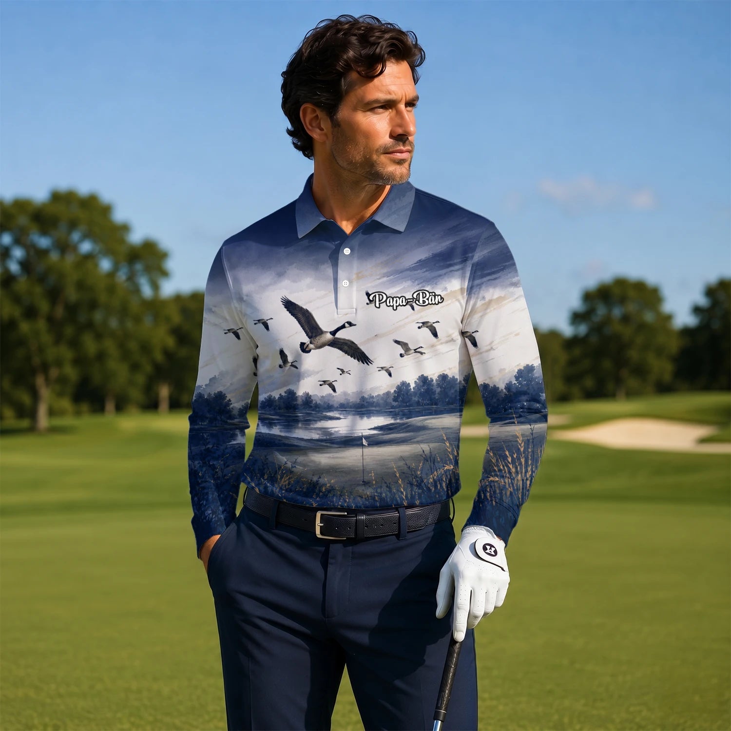Personalised Dark Navy Watercolour Canada Geese Golf Polo Shirt For Men L8594