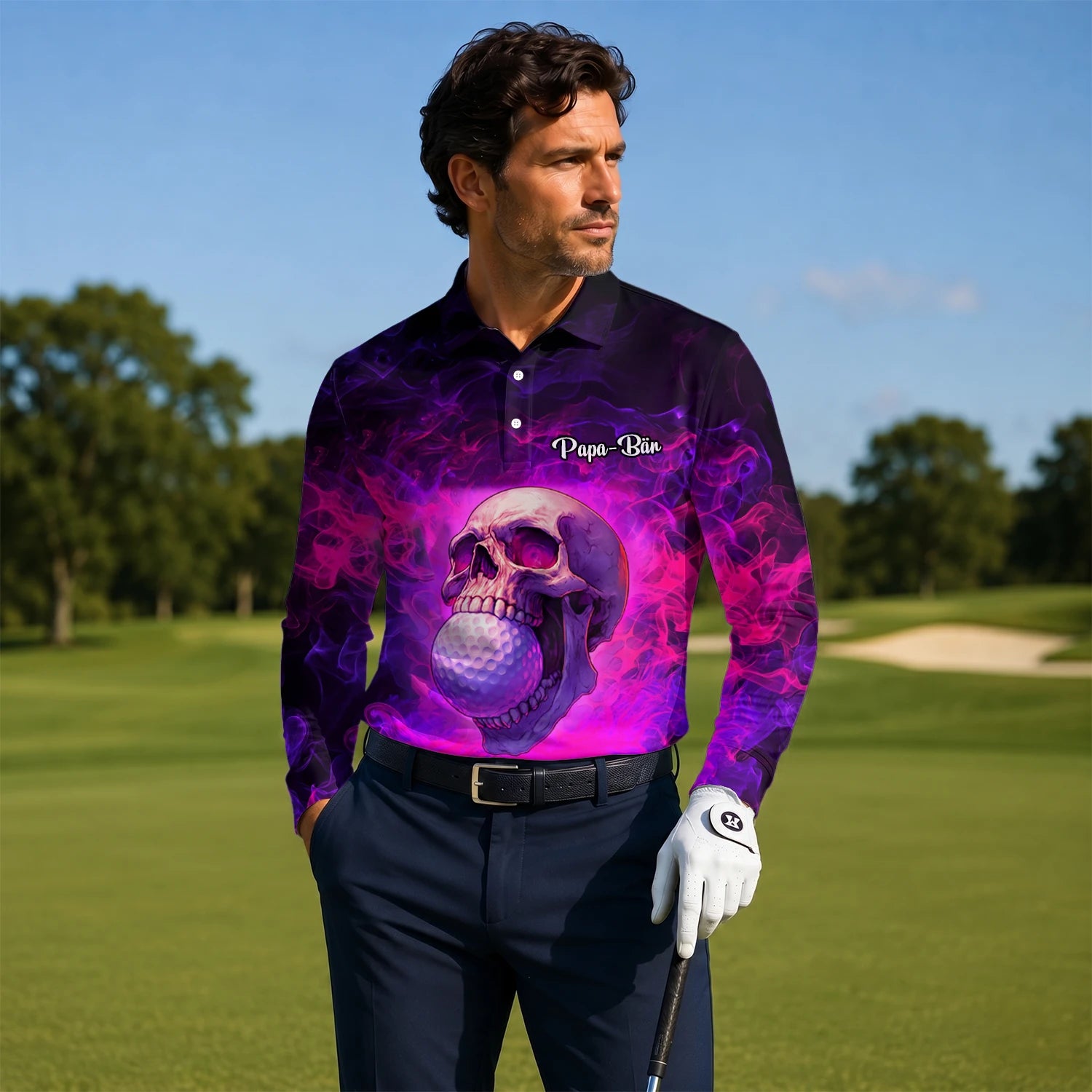 Personalised Purple Pink Skull Golf Ball Smoke Golf Polo Shirt For Men L7637