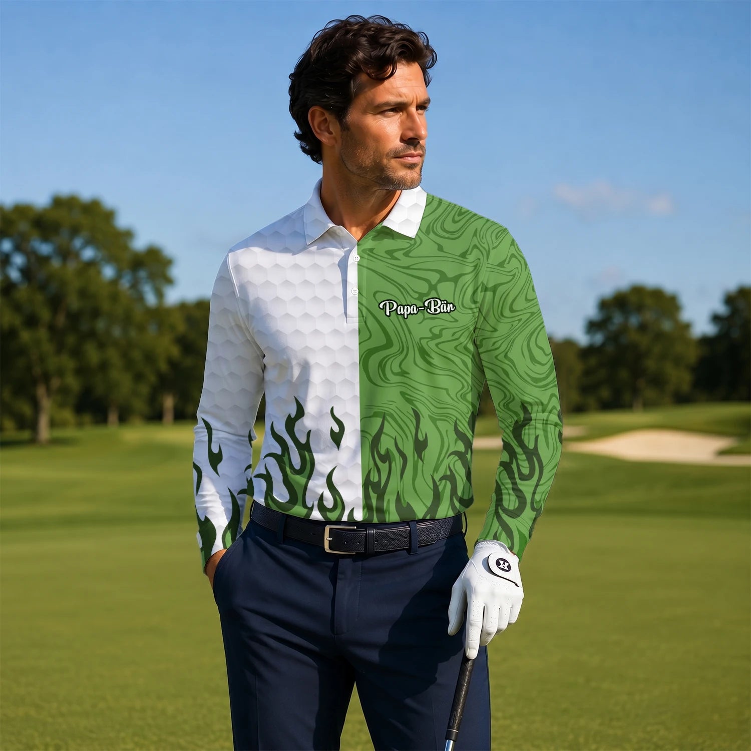 Personalised White Green Flame Marble Golf Polo Shirt For Men D2353
