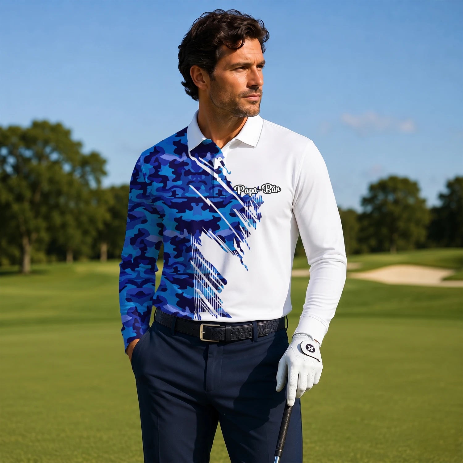 Personalised White Blue Camo Brush Stroke Golf Polo Shirt For Men M3845