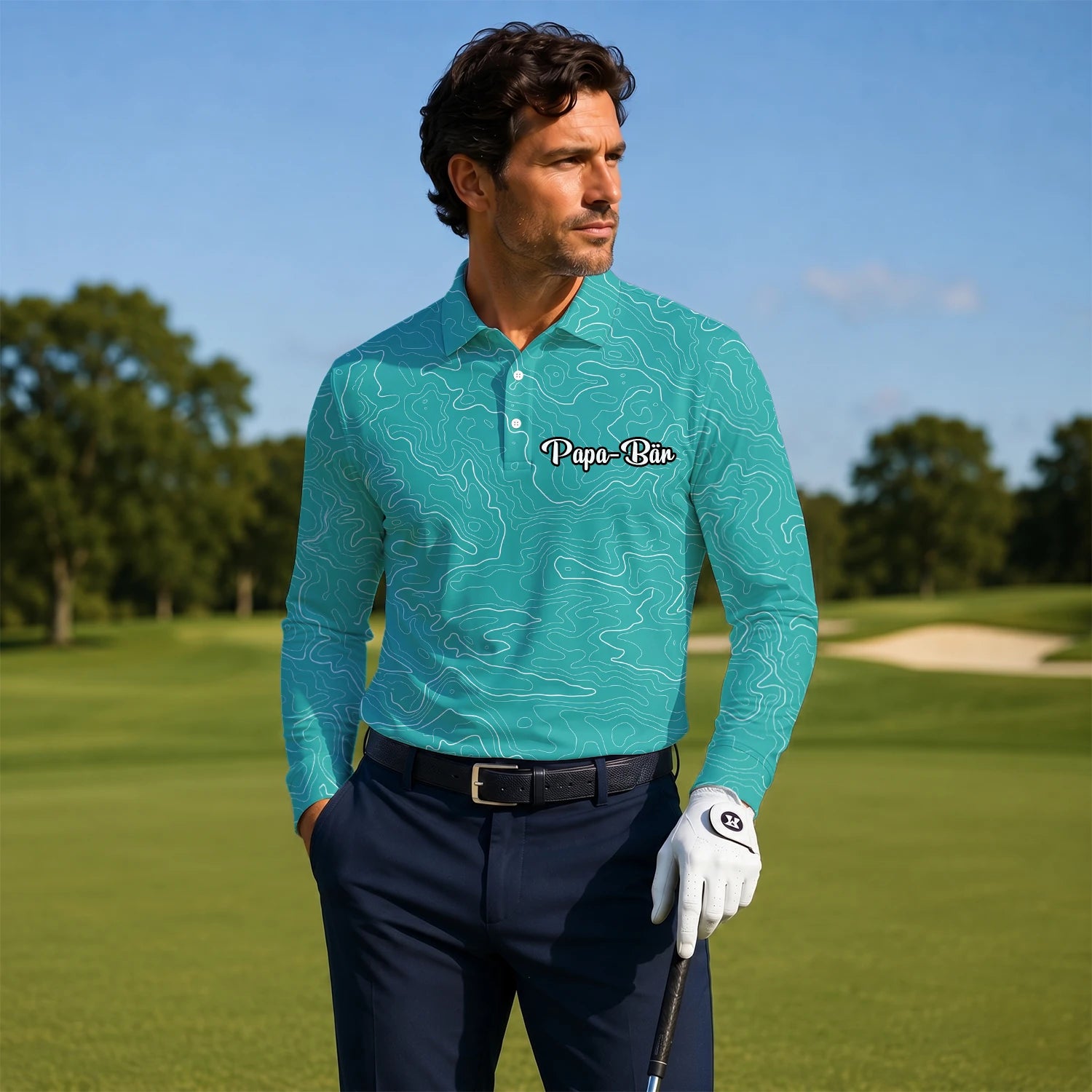 Personalised Teal Topographic Contour Line Golf Polo Shirt For Men U3552