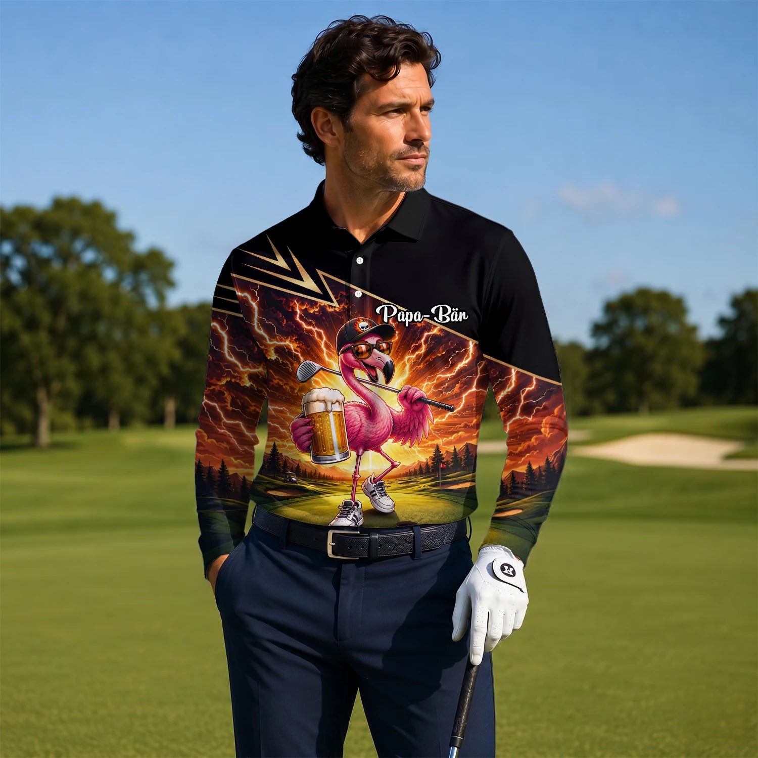 Personalised Black Orange Flamingo Beer Golfer Lightning Golf Polo Shirt For Men E3673