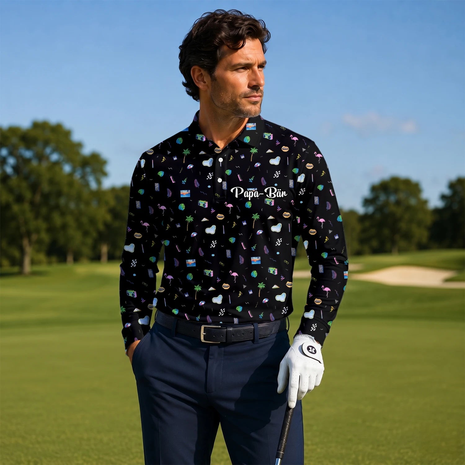 Personalised Black Holiday Travel Doodle Golf Polo Shirt For Men V7883