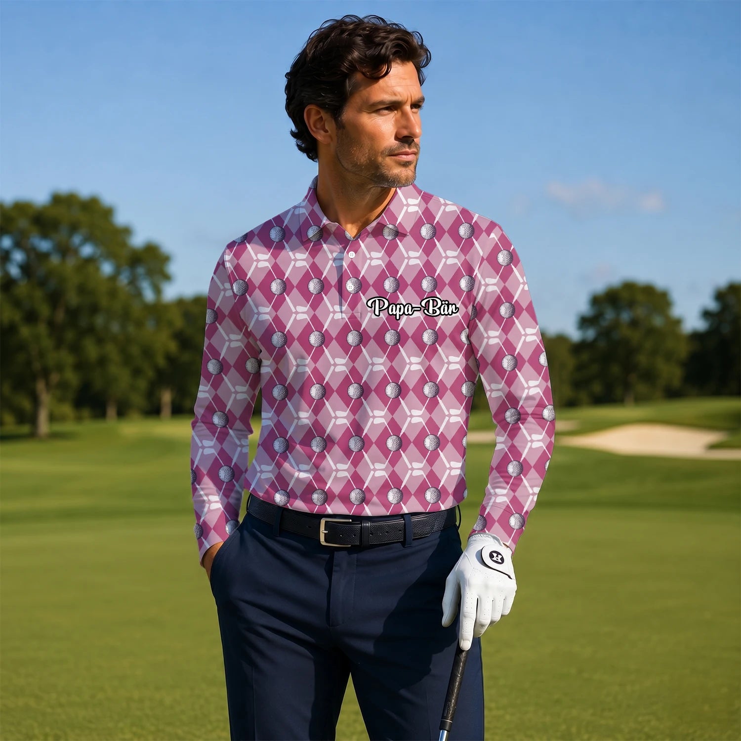 Personalised Pink Argyle Golf Ball Golf Polo Shirt For Men X0000