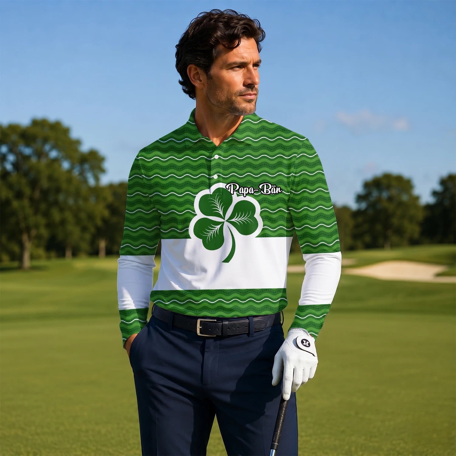Personalised Green Shamrock Wave Golf Polo Shirt For Men I6128