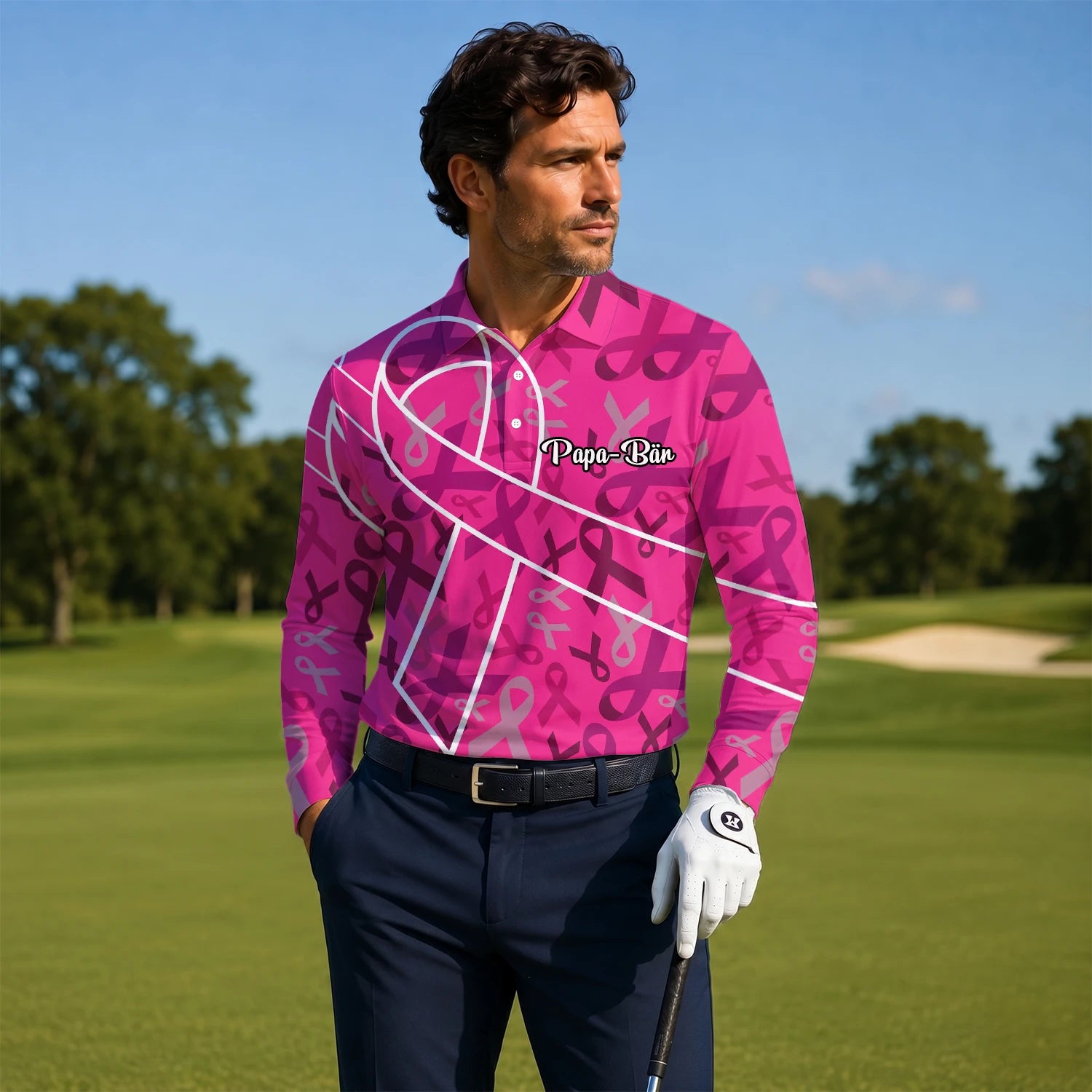 Personalised Pink Breast Cancer Awareness Ribbon Golf Polo Shirt For Men O4093