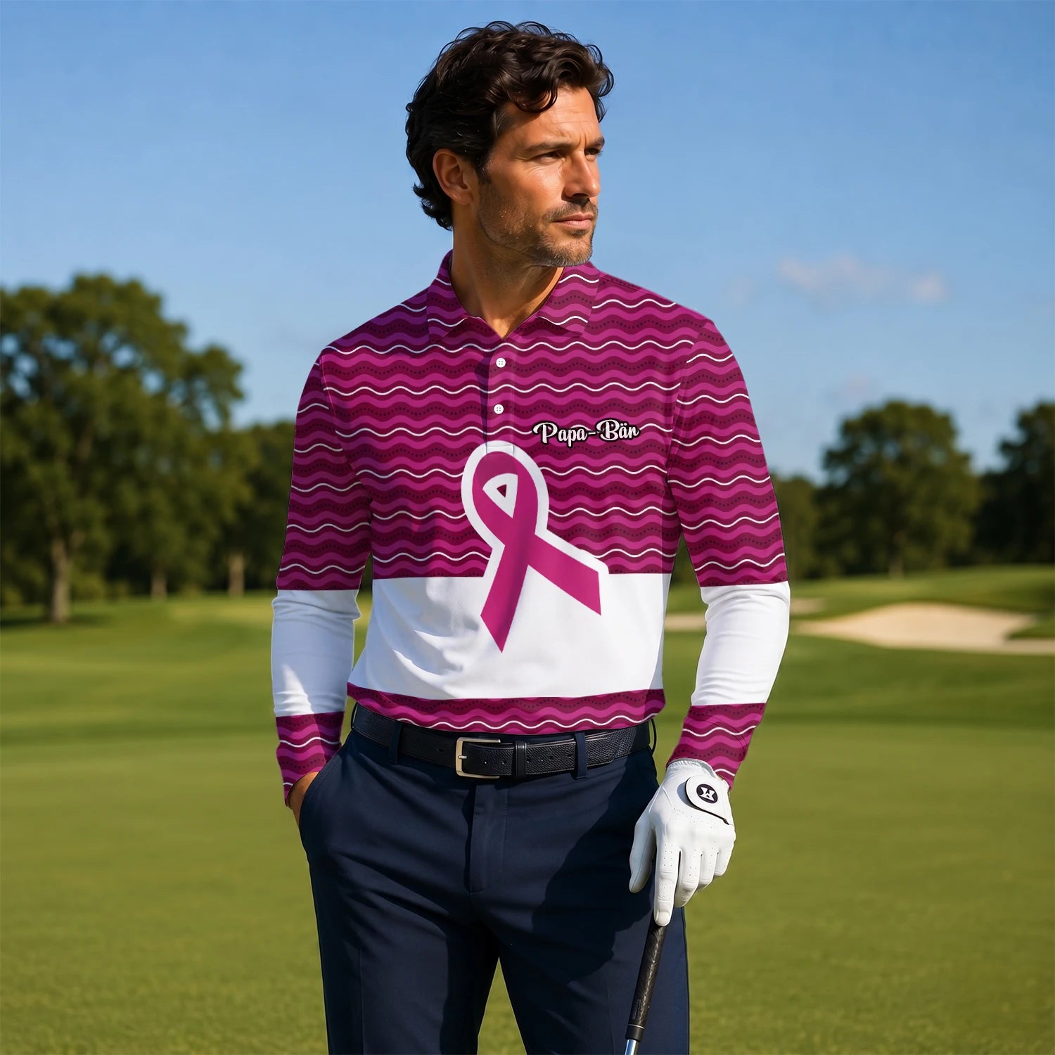 Personalised Pink Breast Cancer Awareness Ribbon Wave Golf Polo Shirt For Men B1640