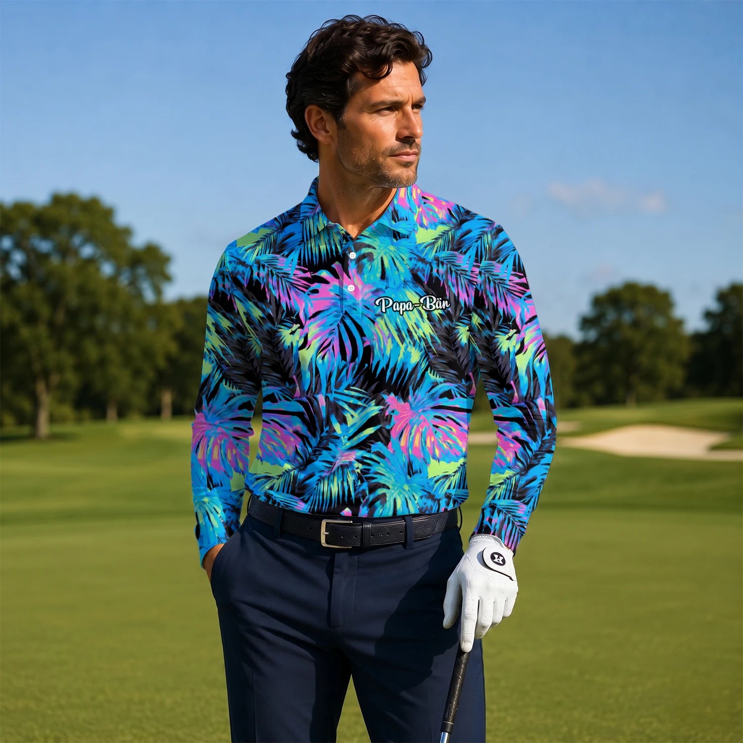 Personalised Black Neon Tropical Leaf Golf Polo Shirt For Men D2207