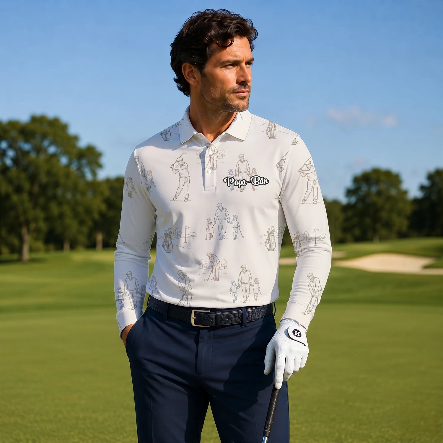 Personalised Beige Vintage Golfer Sketch Golf Polo Shirt For Men D6556