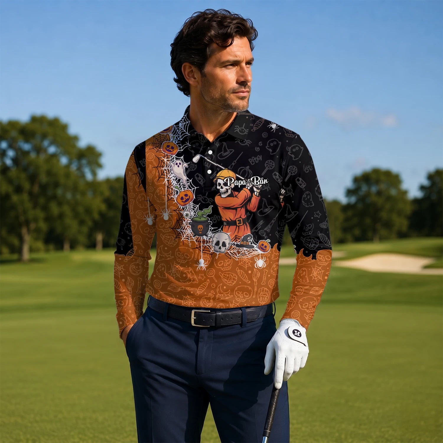 Personalised Black Orange Halloween Skeleton Golfer Web Golf Polo Shirt For Men Y5076