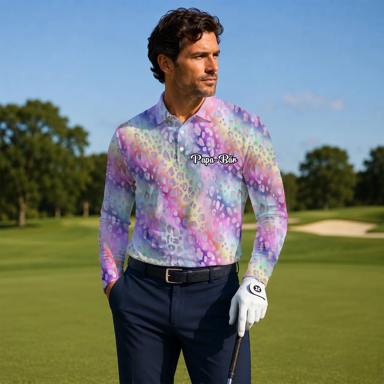 Personalised Pastel Rainbow Leopard Print Golf Polo Shirt For Men E5373