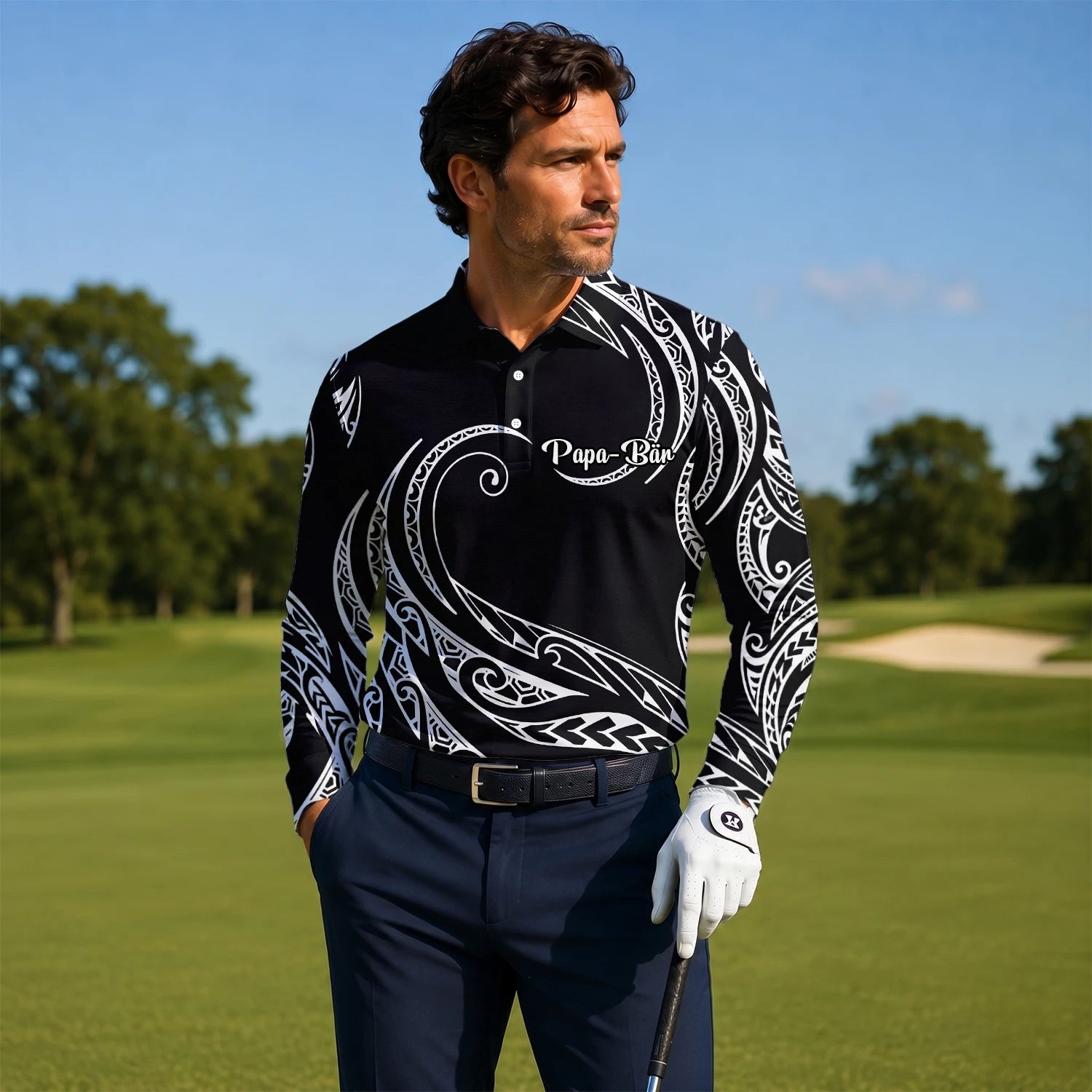 Personalised Black White Tribal Wave Golf Polo Shirt For Men R9560