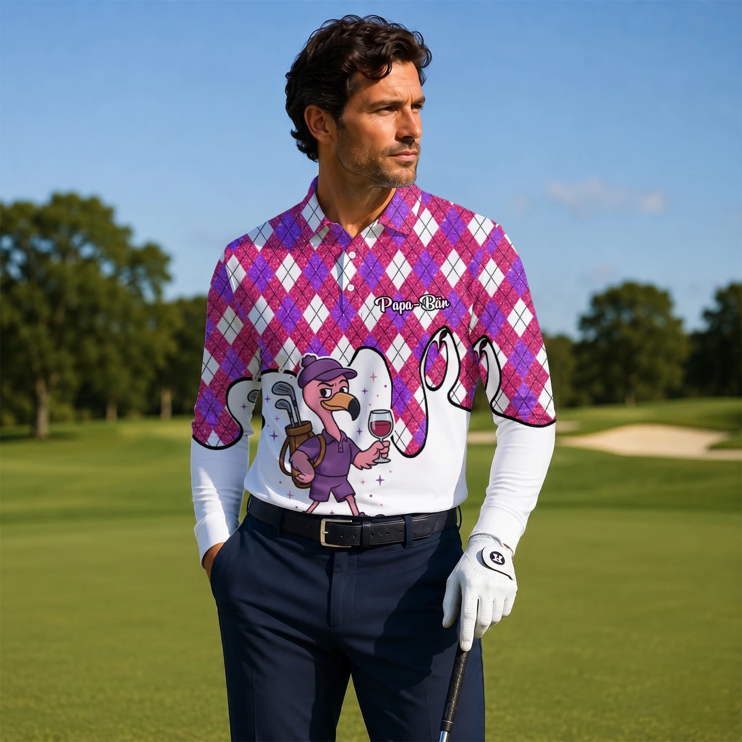 Personalised Pink Purple Argyle Ostrich Golfer Cartoon Golf Polo Shirt For Men D7000