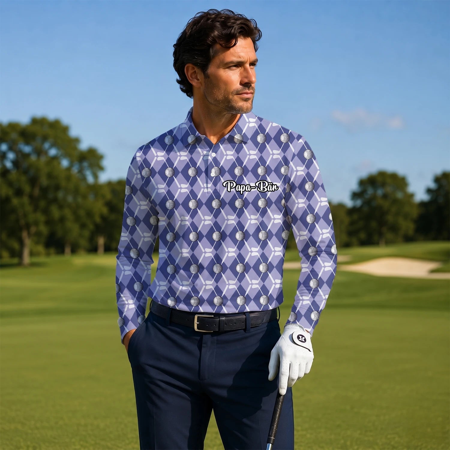 Personalised Blue Argyle Golf Ball Club Golf Polo Shirt For Men F3847