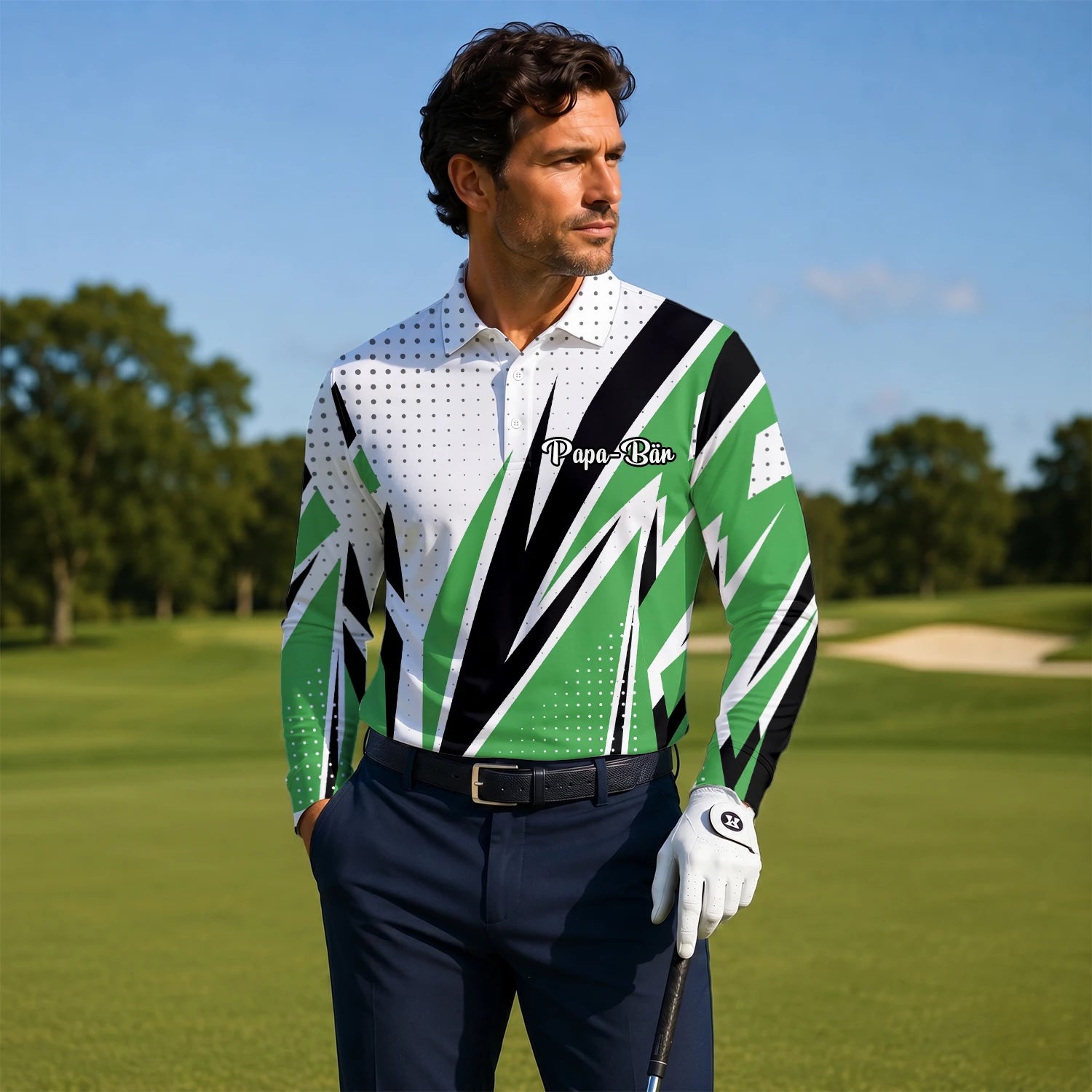 Personalised White Green Black Abstract Stripe Golf Polo Shirt For Men C9494