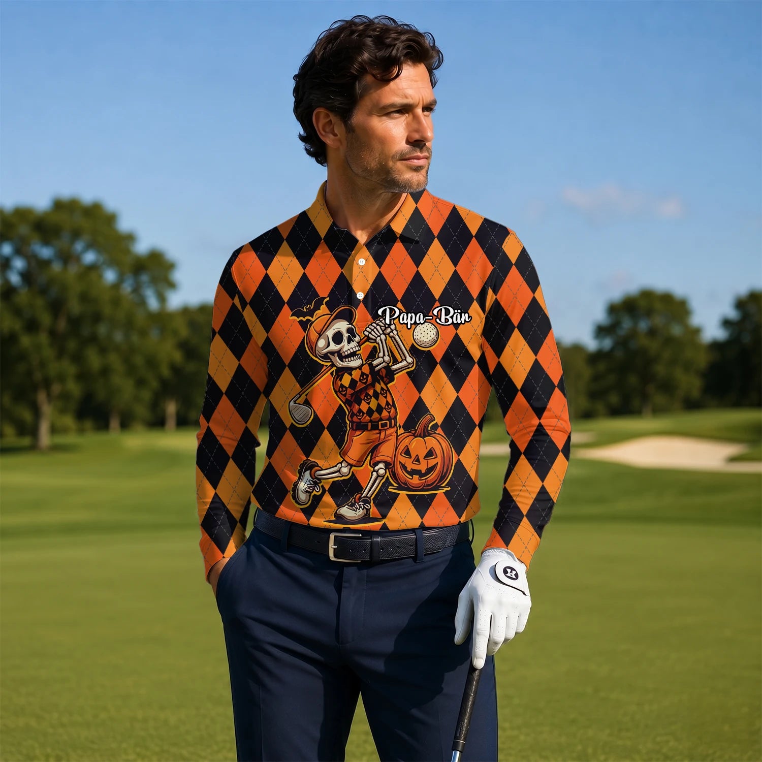 Personalised Orange Black Halloween Skeleton Golfer Argyle Golf Polo Shirt For Men I4585